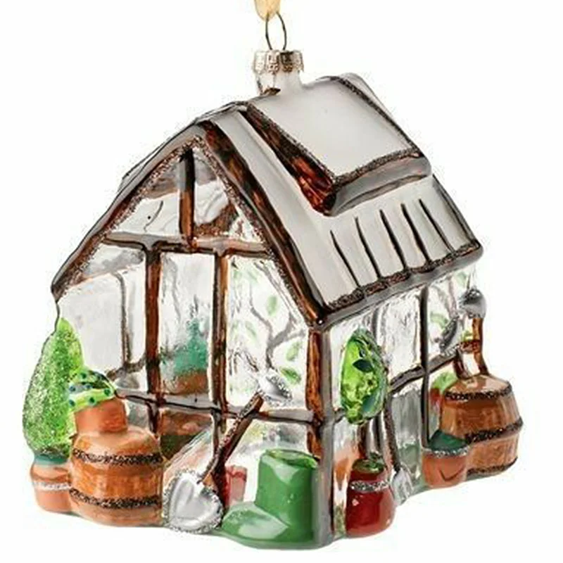 Custom handmade exclusive Christmas ornaments manufacturer green house and tools shaped christmas glass hanging ornaments manufacture