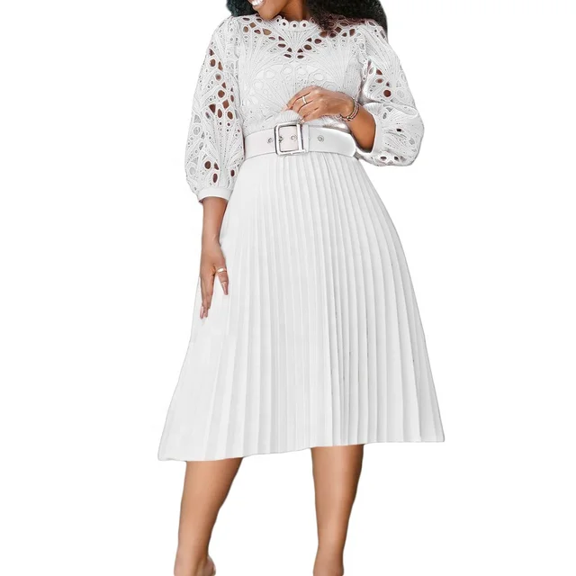 Wholesale Fall american women's clothing crochet lace dress pleated dress plus size long sleeve white church evening dresses - Image 2