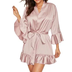 2021 Fashion Excellent Quality Comfortable Solid Color Ruffle Hem Trumpet Sleeve Belted Wrap Satin Sleep Robe