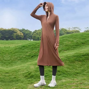 Fitness Long-sleeved Coat Female Long Zipper Hooded Yoga Women's Light Running Jacket Sun Protect Clothing