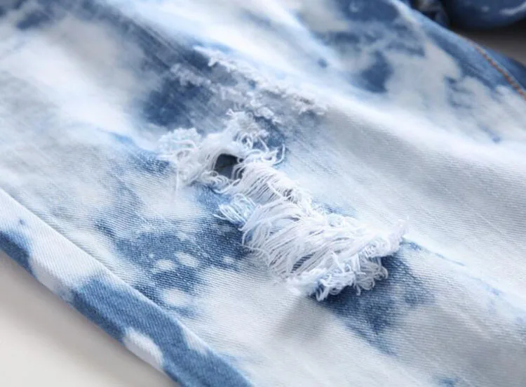 Wholesale Mens Light Blue Tie and Dyed Snow Washed Denim Jeans Streetwear Holes Ripped Slim Straight Pants