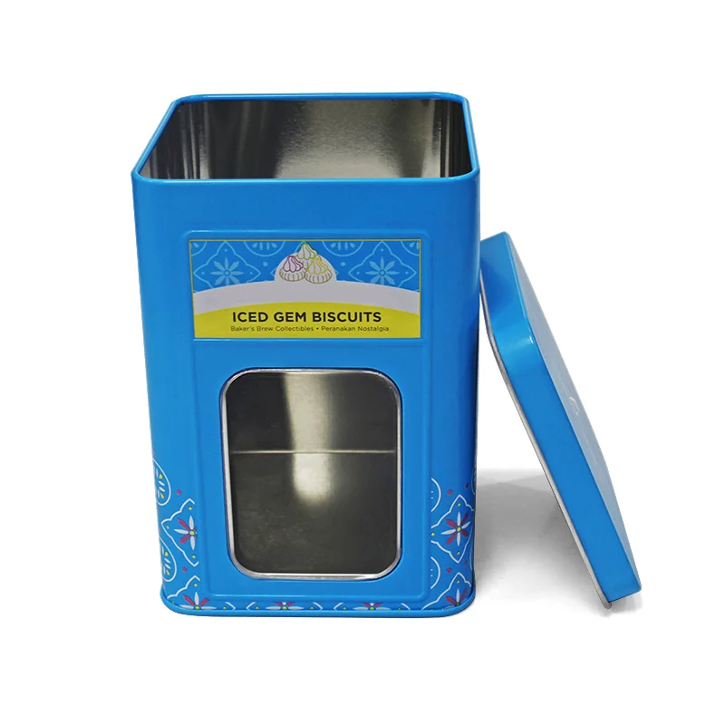 Free Sample Wholesale Square Blue Coffee Tea Candy Empty Cookie Tin Can