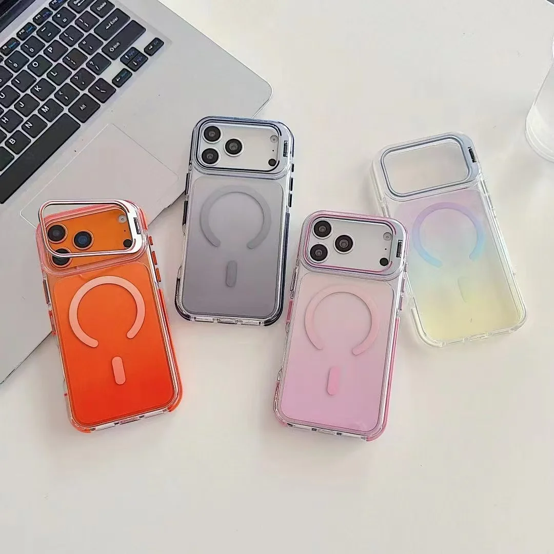 Invisible Lens Bracket Transparent Color Gradient PC TPU Shockproof Magnetic Phone Case for iPhone 17 Pro max 15 16 14 13