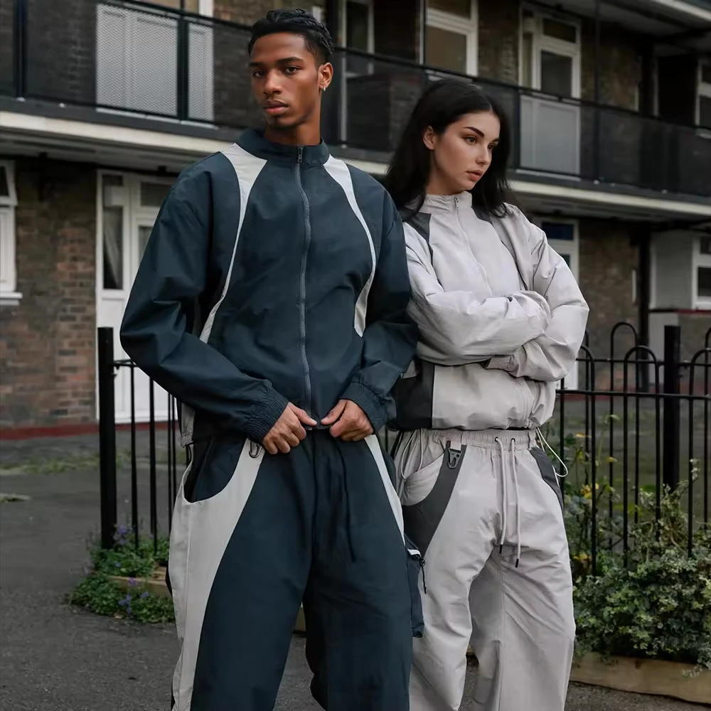 Custom Men's Women's Polyester Jogger Gym Sets Unisex Nylon Track Suit Zip Patchwork Jacket Pants Printed OEM Track Suits gallery 3