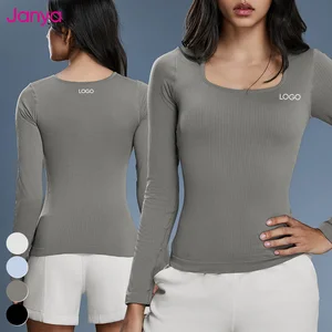 Janya Custom Logo Breathable Sweat-Wicking Gym Fitness T-shirt Seamless Fixed Pads High Elastic Long Sleeve Yoga Tops for Women
