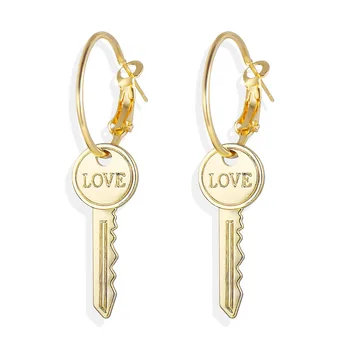 Charm Fashion Jewelry Hot Selling Gild Alloy Key Drop Hoop Earrings For Women Wholesale Love Key Dangle Earrings