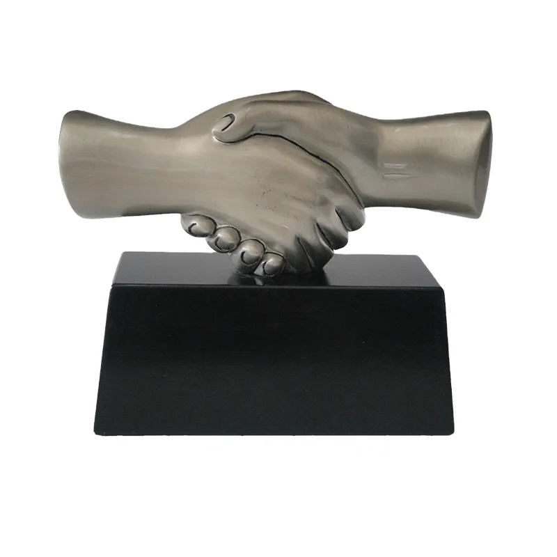 Silver Resin Handshake Grip Sculpture with Black Base Business Gift Collectible Promotional Award