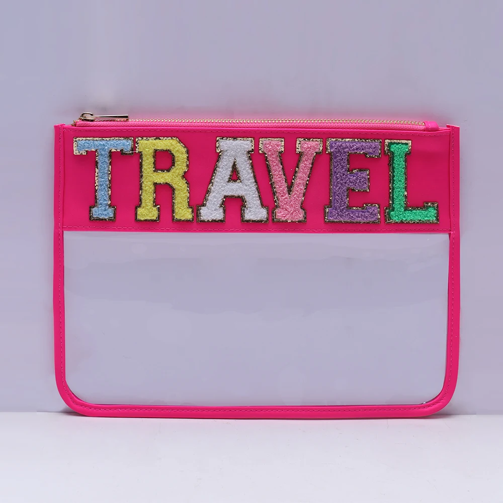 Snacks Letter Transparent Low Price PVC Cosmetic Bag Clutch Women Clear Makeup Bag Flat Zipper Pouches Make up Cosmetic Bag