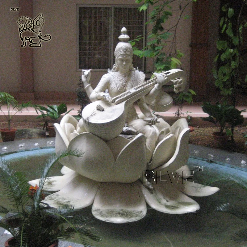 BLVE Outdoor Garden Handcarved Hindu Goddess Sitting Lotus White Marble Saraswati Statue for India