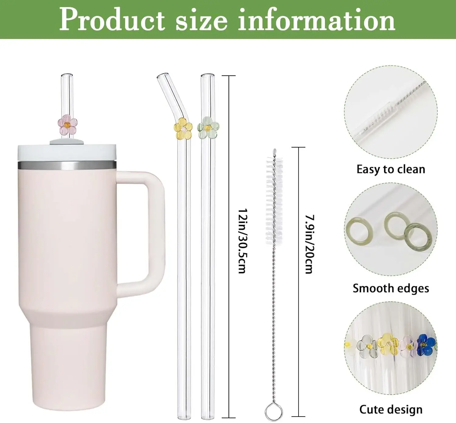 Straw with Decoration Flower Long Glass 12 Inch for Stanley Cup 40oz  Tumbler 1 Piece Customized Bar Accessories Drinking Straws