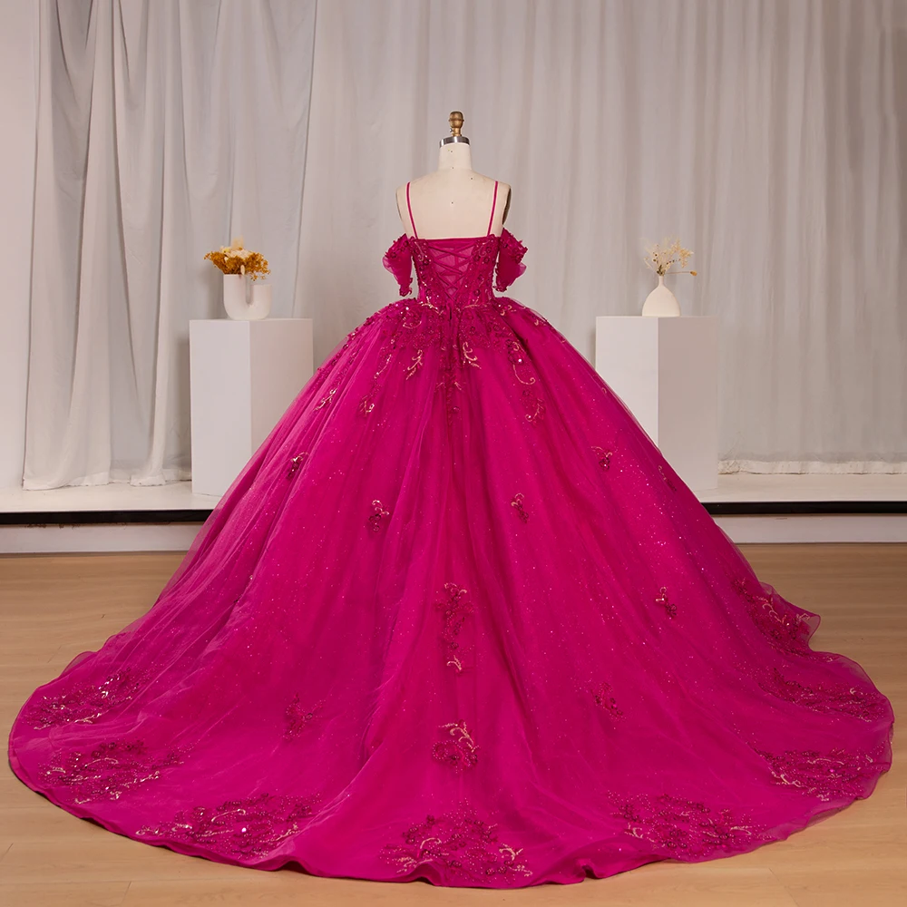 fuchsia and gold quinceanera dresses Fuchsia Sweet 16 Quinceanera Dresses Glittery Tulle 3D Flowers Party D –  Hebebridal main image 1