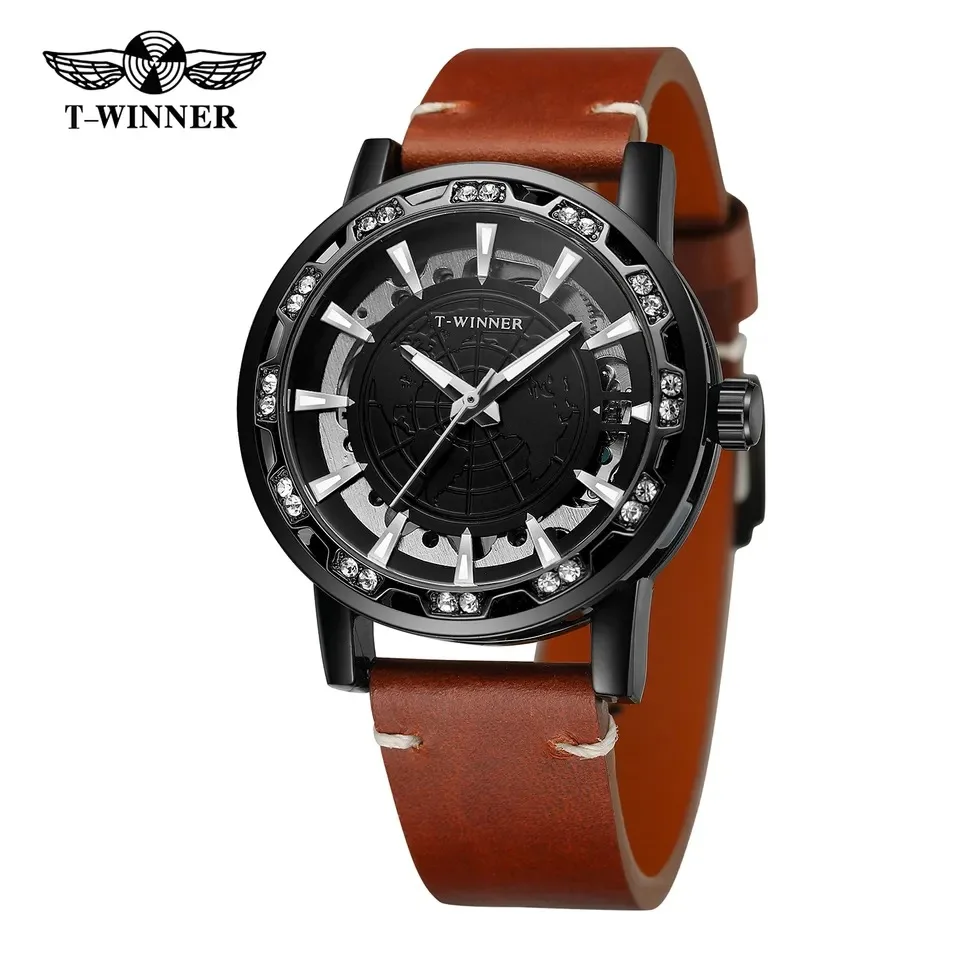 WINNER Mechanical Watch for Men Business Classic Diamond Watches Luxury Genuine Leather Strap Waterproof Golden Wristwatches