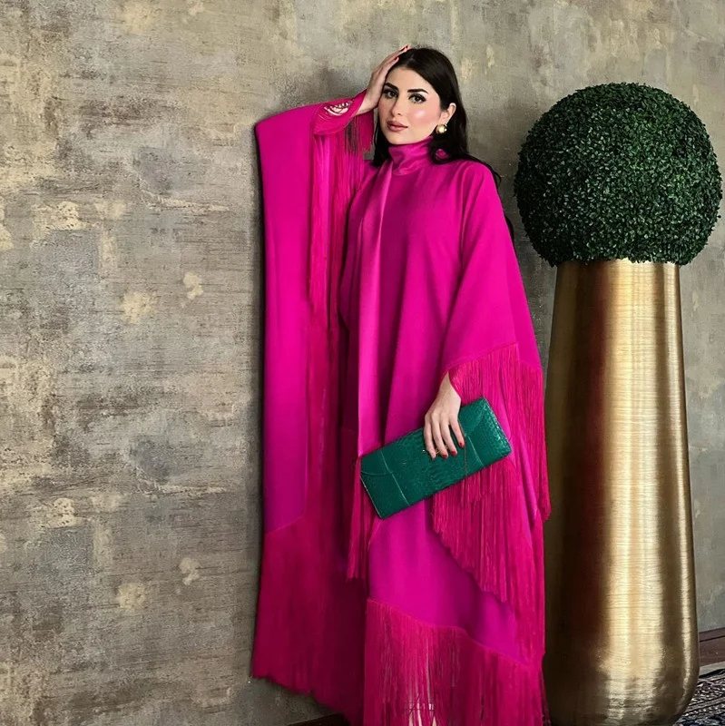 Fringe Kaftan Moroccan Batwing Caftan for Women Soft Satin Patchwork Scarf Batwing Muslim Long Dress Dubai Turkish Modest Abaya Fringe Kaftan Moroccan Batwing Caftan for Women Soft Satin Patchwork Scarf Batwing Muslim Long Dress Dubai Turkish Modest Abaya