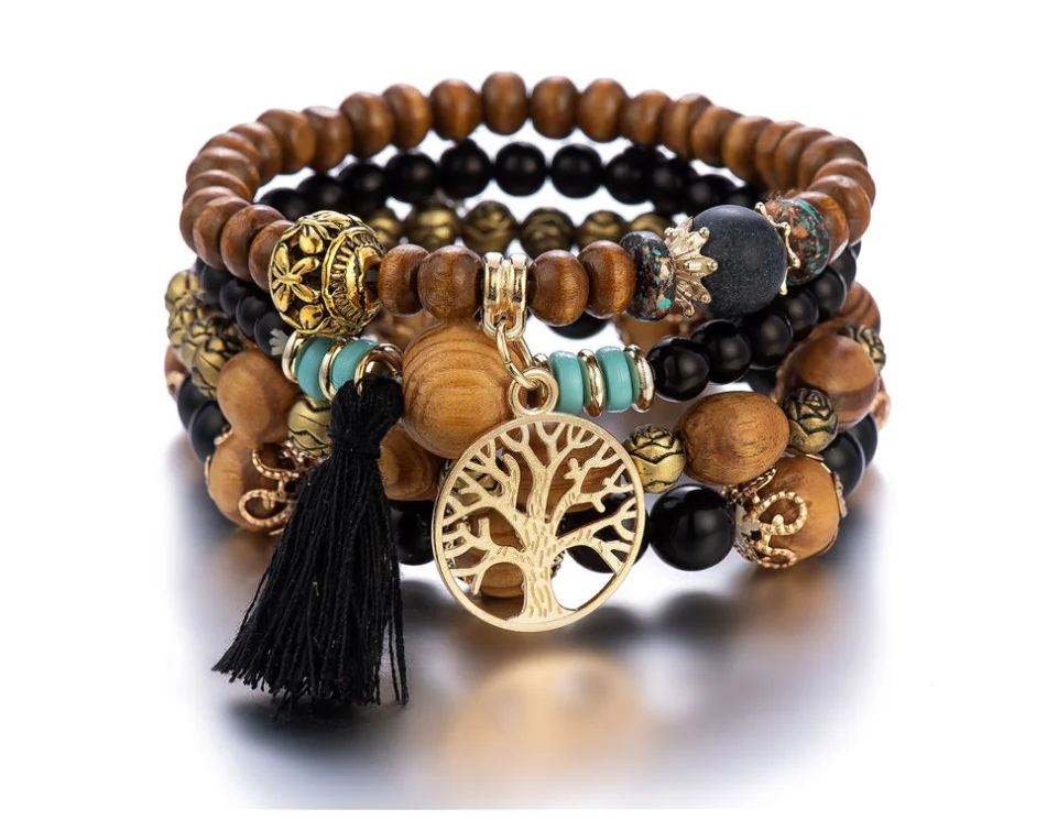 Bracelet Bois Style Bohème - Réalisé Sur Mesure, Perles En Bois, Alliage Doré, Neuf Avec étiquettes