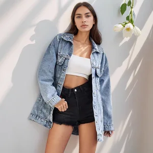 Distressed Snow Wash Long Coats Retro Denim Jacket for Women New Style with Ripped Collar Long Women's Denim Coat
