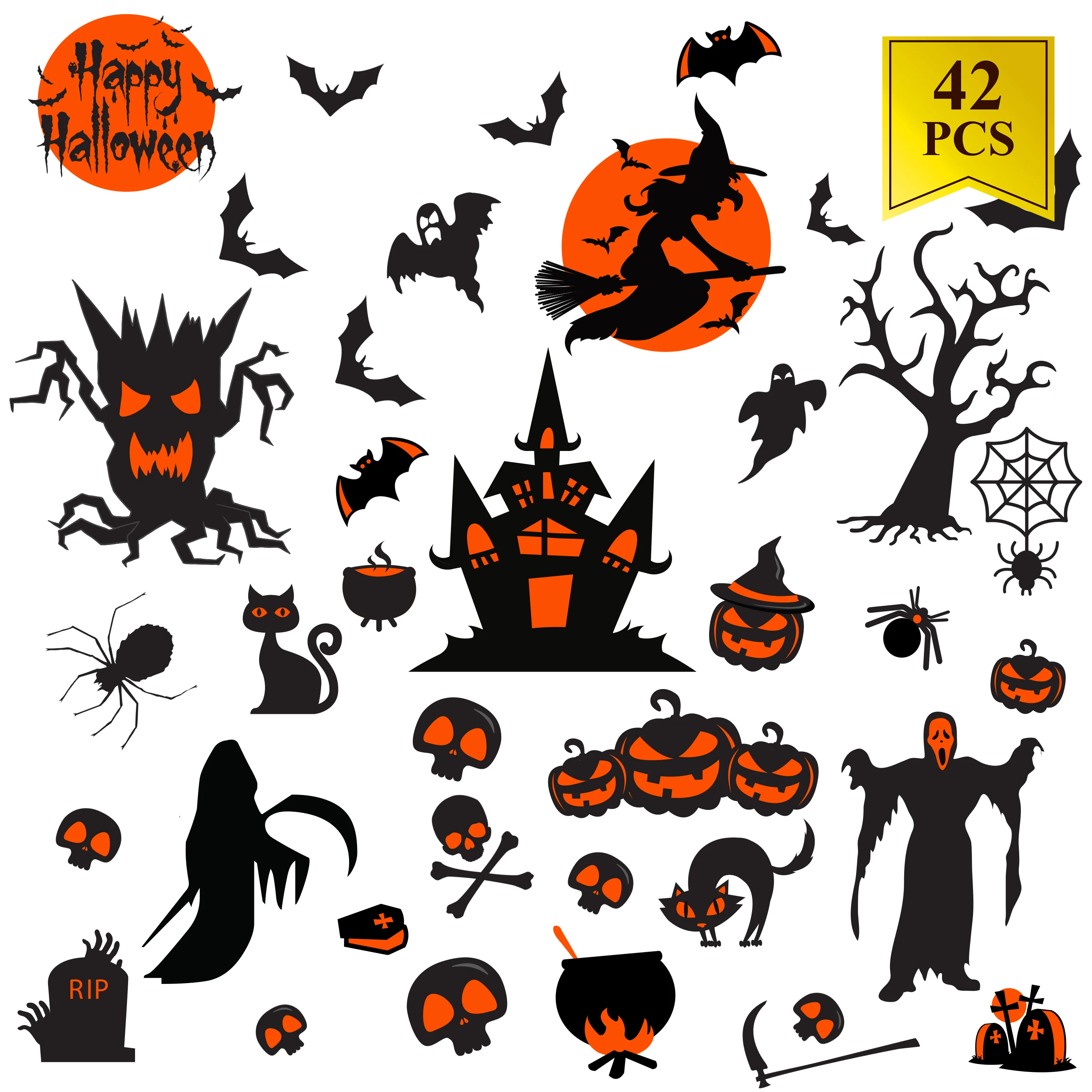 Halloween Party Removable Static Window Clings Cartoon Pumpkin Lantern Witch Ghost Bat Stickers for Window Wall Decorations
