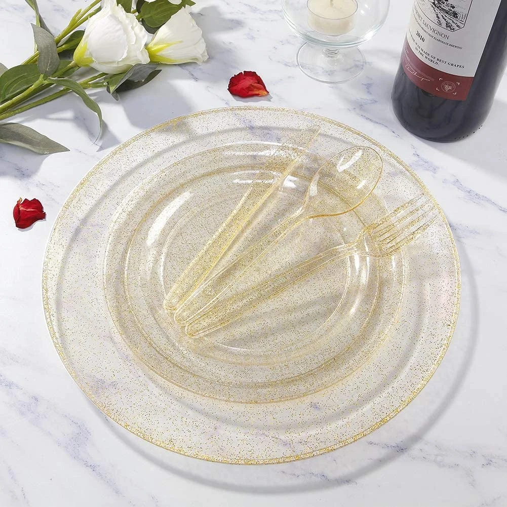 PS Disposable Plastic Cutlery Gold Sliver Rose Gold Glitter Disposable Plastic Flatware Knife Fork Spoon
