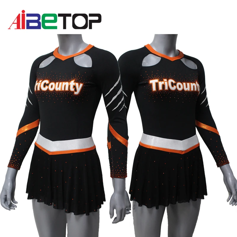 High School Competition Cheerleaders Uniforms Orange Cheerleading 