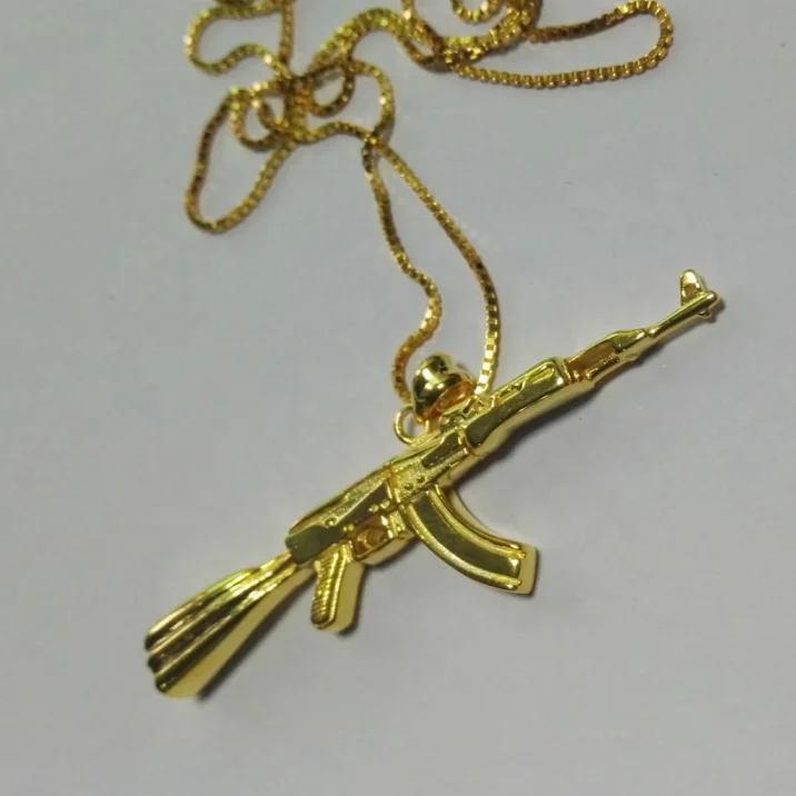 Men's 14k Gold Iced Ice out Gun Riffle Ak 47 Pistol Charm Pendant Rope  Necklace | eBay