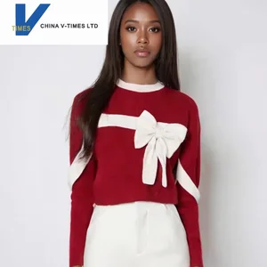 China V-times 2026 Spring and Autumn Women's Red Bow-Knot Sweater Loose Lazy Style Casual Knit Top with Front Logo