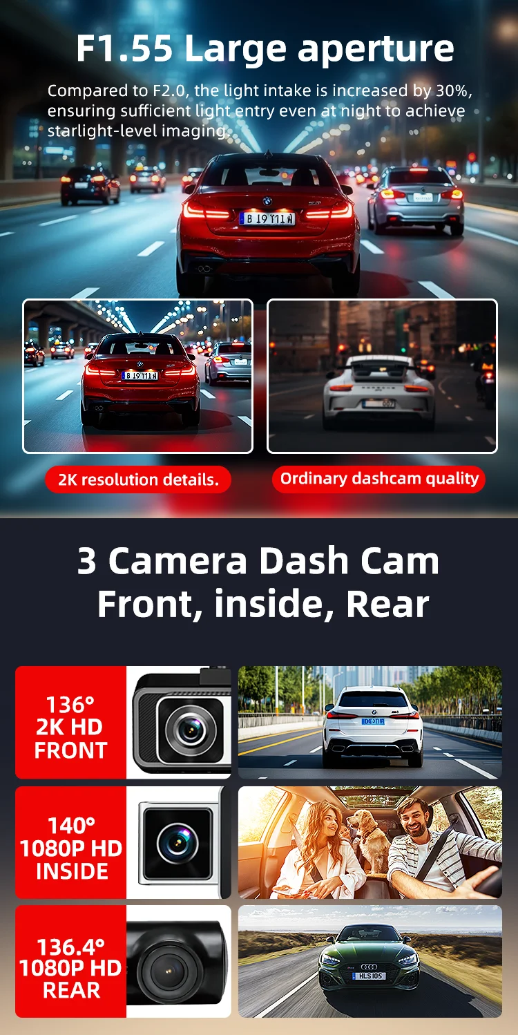 HD 4g Dash Cam 3 Channel 2K Drive Recorder Dash Cam 1944P+1080P+1080P GPS Black Box with 3.0 Inches IPS LCD App for Global Agent manufacture