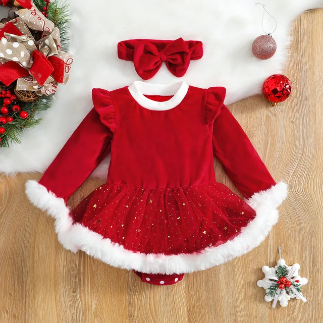 Newborn Baby Girl Christmas Outfit Ruffle Romper Dress Long Sleeve Plaid Onesie Jumpsuit Headband Infant Christmas Clothes