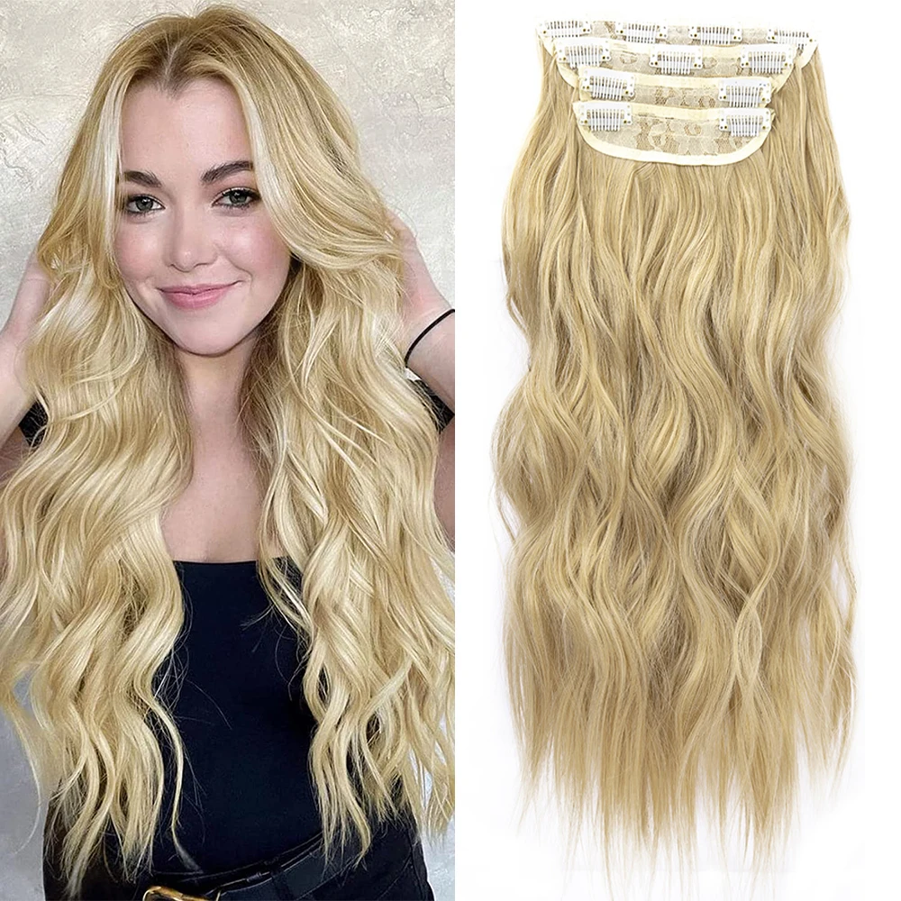 AliLeader 20 Inches Long Wavy Hair Pieces Ombre Blonde Thick Hairpieces 4pcs Set Synthetic 11 Clips In Hair Extensions for Women