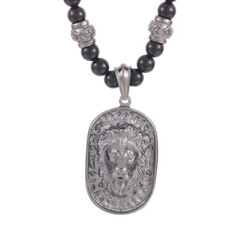 Kalen Domineering Stainless Steel Lion Pendant Men Jewelry 18K Pvd Gold Plated Black Bead Chain Long Necklace Jewelry Necklaces