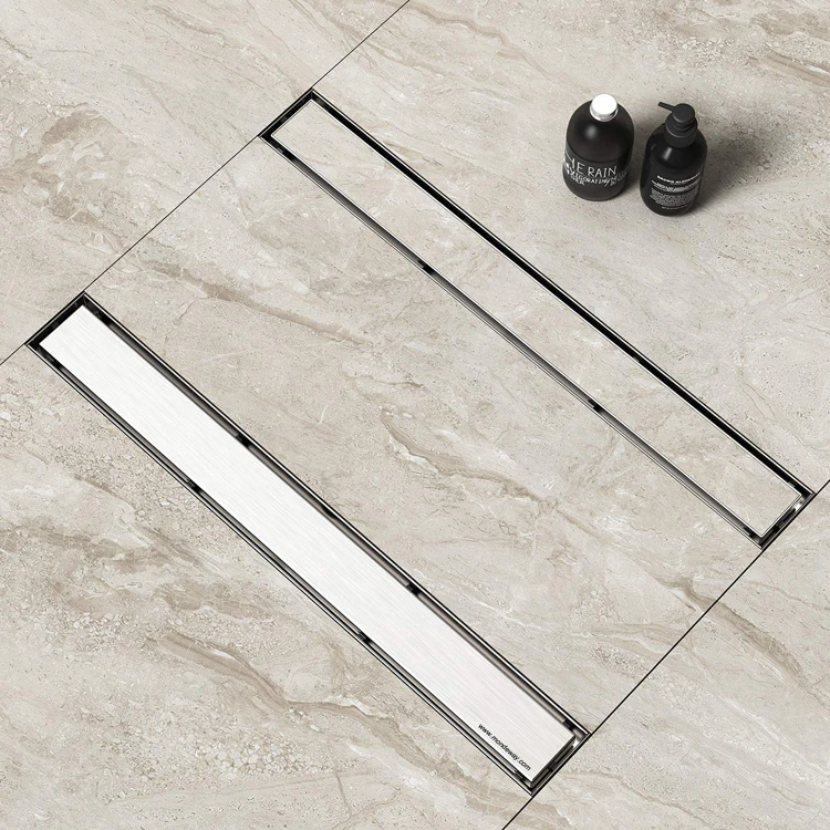 Mondeway Reversible 2-in-1 Flat Cover Brushed Nickel Stainless Steel Bathroom Floor Drain 24 Inch Linear Shower Drain