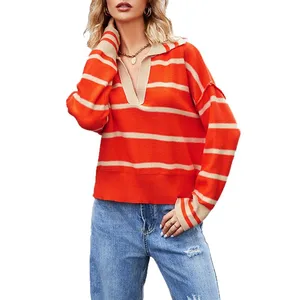 Polo Neck Women's Sweaters New Fashion Spliced Striped Sweater with Loose Oversized Knit Pullovers for Women