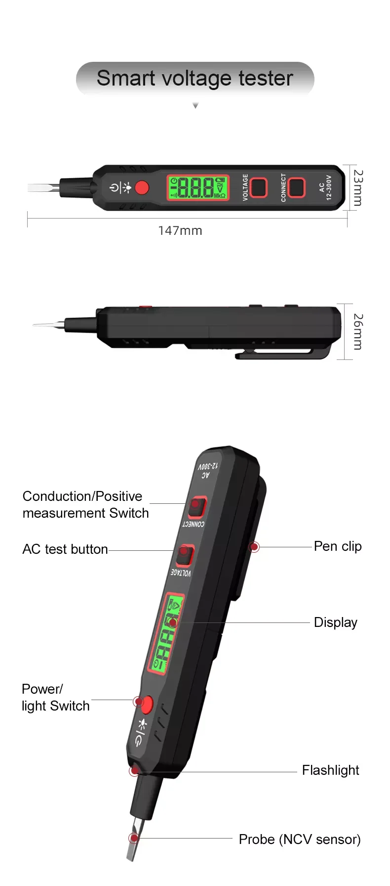 LCD Display AC Voltmeter Voltage Tester LCD Display Flash Light AC Voltage Detector