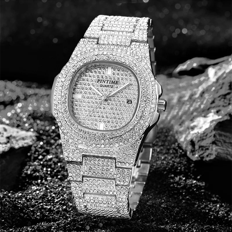 PINTIME Top Marque diamant montre homme Iced Out Montres Hommes