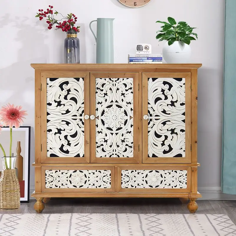 INNOVA Rustic White 3 Doors 2 Drawers Dinning Room Corner Sideboard Accent Wood Carved Storage Cabinets for Living Room
