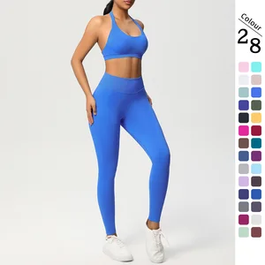 Cross-Border Seamless Solid Color Knitted Yoga Sports Bra Suit Fitness Suit with Logo Front Hanging Neck Beauty Back Tight Hip