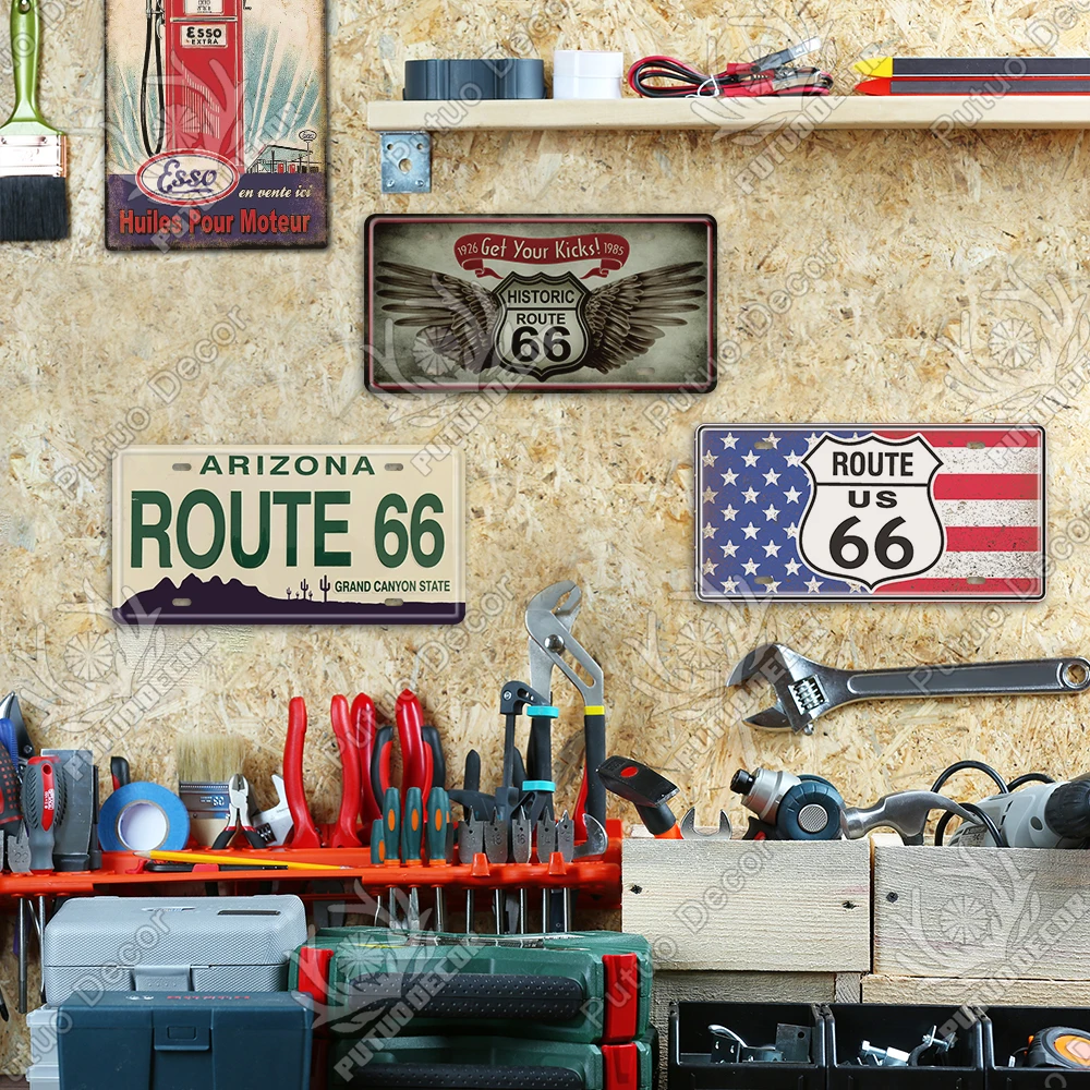 Route 66 Car License Plate Metal Sign - Vintage Garage Decor
