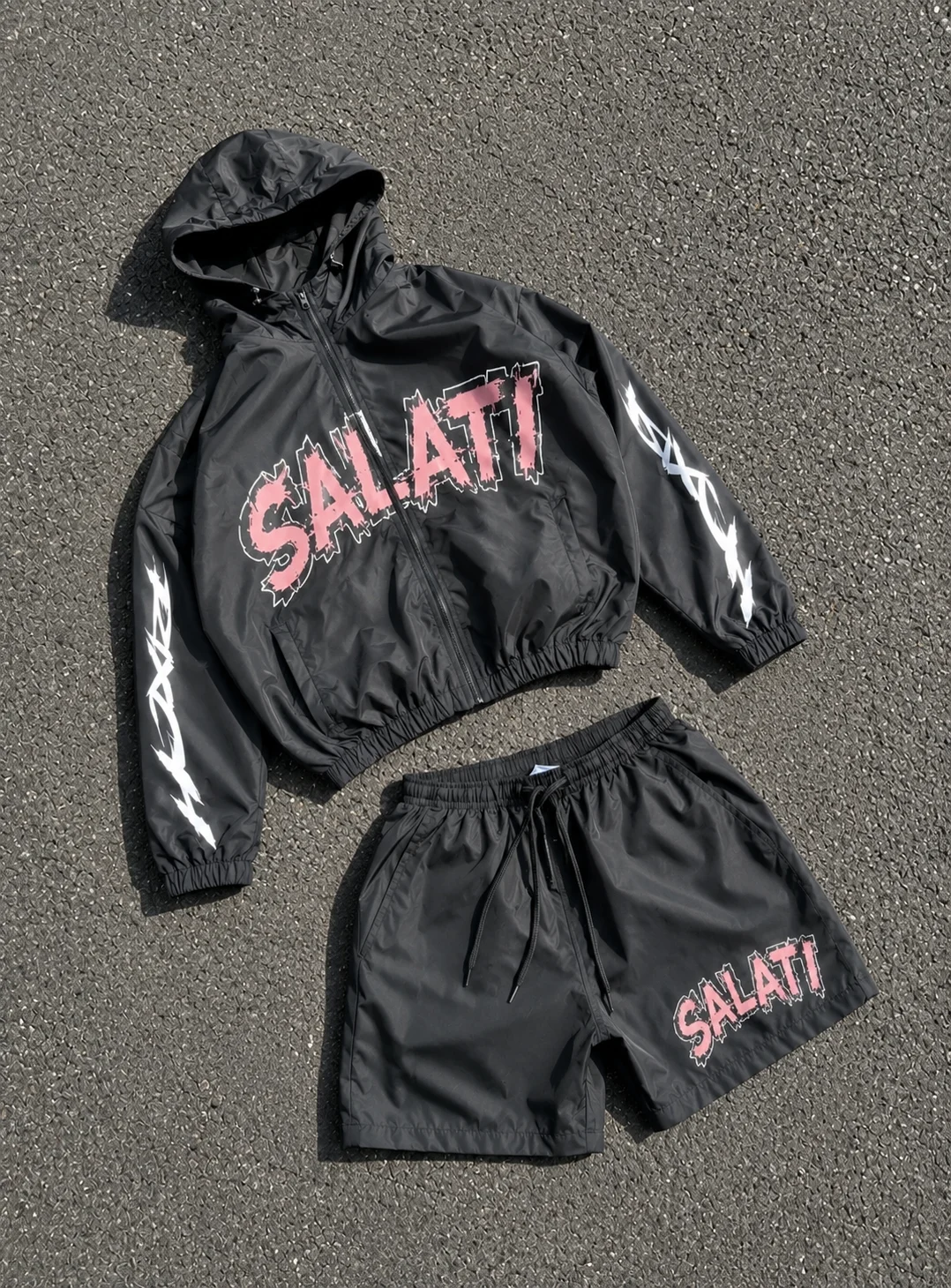 Men OEM Windproof Polyester Tracksuit Zipper Hoodie and Shorts Custom Two Piece Wind Breaker Set gallery 2