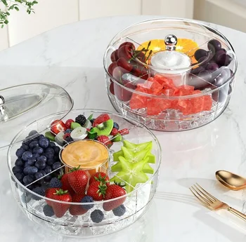 Kitchen clear plastic double-layer refrigerator rotatable fruit chilled vegetables salad bowls snacks storage box