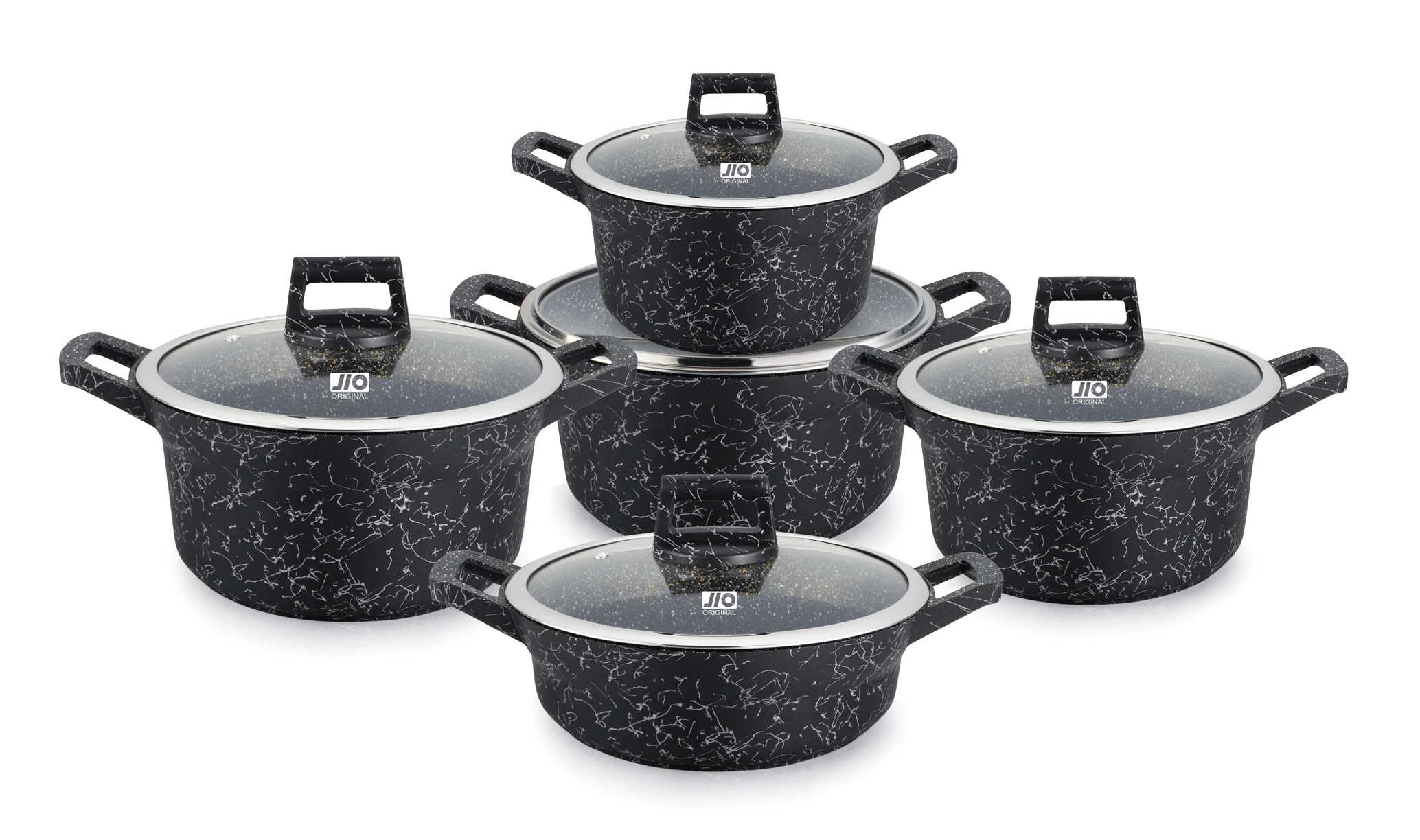 Ucc-Life Classic Design Cookware Casserole Set Metal Cooking Pots with Glass and Granite Kitchen Pot Collection