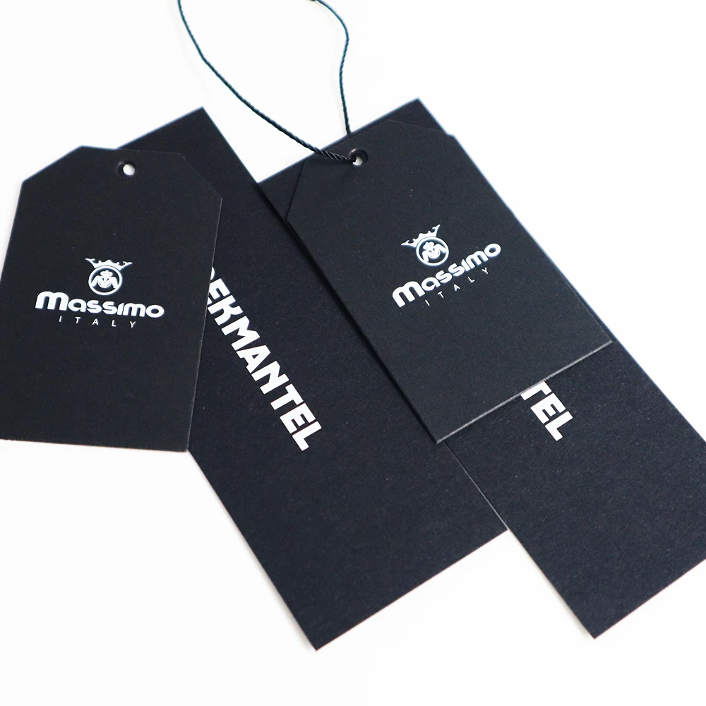 Custom Design Printing Brand Name Logo Black Paper Garment Tag for Clothes Packaging Bags and Tags