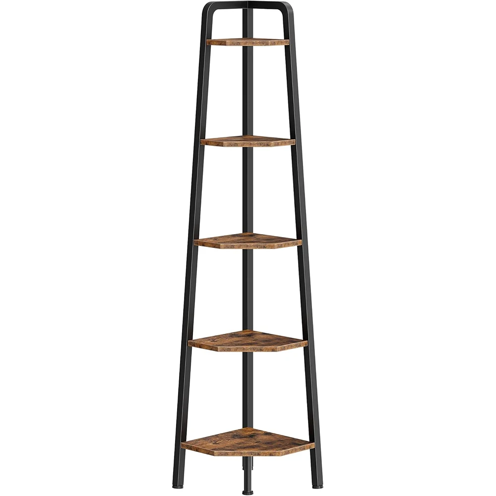 Nu-Deco Modern 5 Seviyeli Merdiven Köşe Rafı Metal Çerçeveli Kitaplık 151,4 cm Yüksek Dikey Gösterim Standı Oturma Odası Yatak Odası için