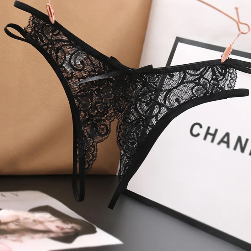 Crotch Opening Transparent G-strings Thongs Solid Bowknot Underwear for Women Lace Pantys  Sexy Lingerie Women's Panties