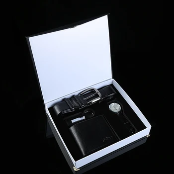 Business Men's Leather Quartz Watch Set of 4 Gift Set Box with Men's Wallet Car Keychain Best Men's Gift