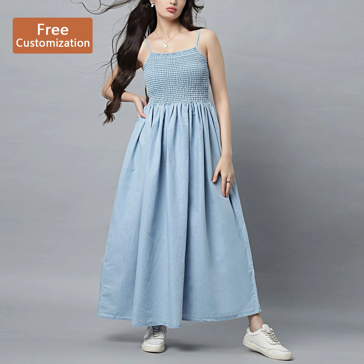 Shop High Quality Women's Light Wash Cotton for Tencel Denim Maxi Dress  Custom Logo Smocked Body Button Wholesale High Qual