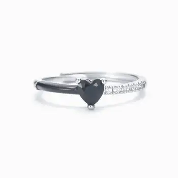 Wholesales Black Heart-cut Half Enamel Ring Birthday Gifts Adjustable 925 Silver Zircon Black Heart Ring For Women Girls