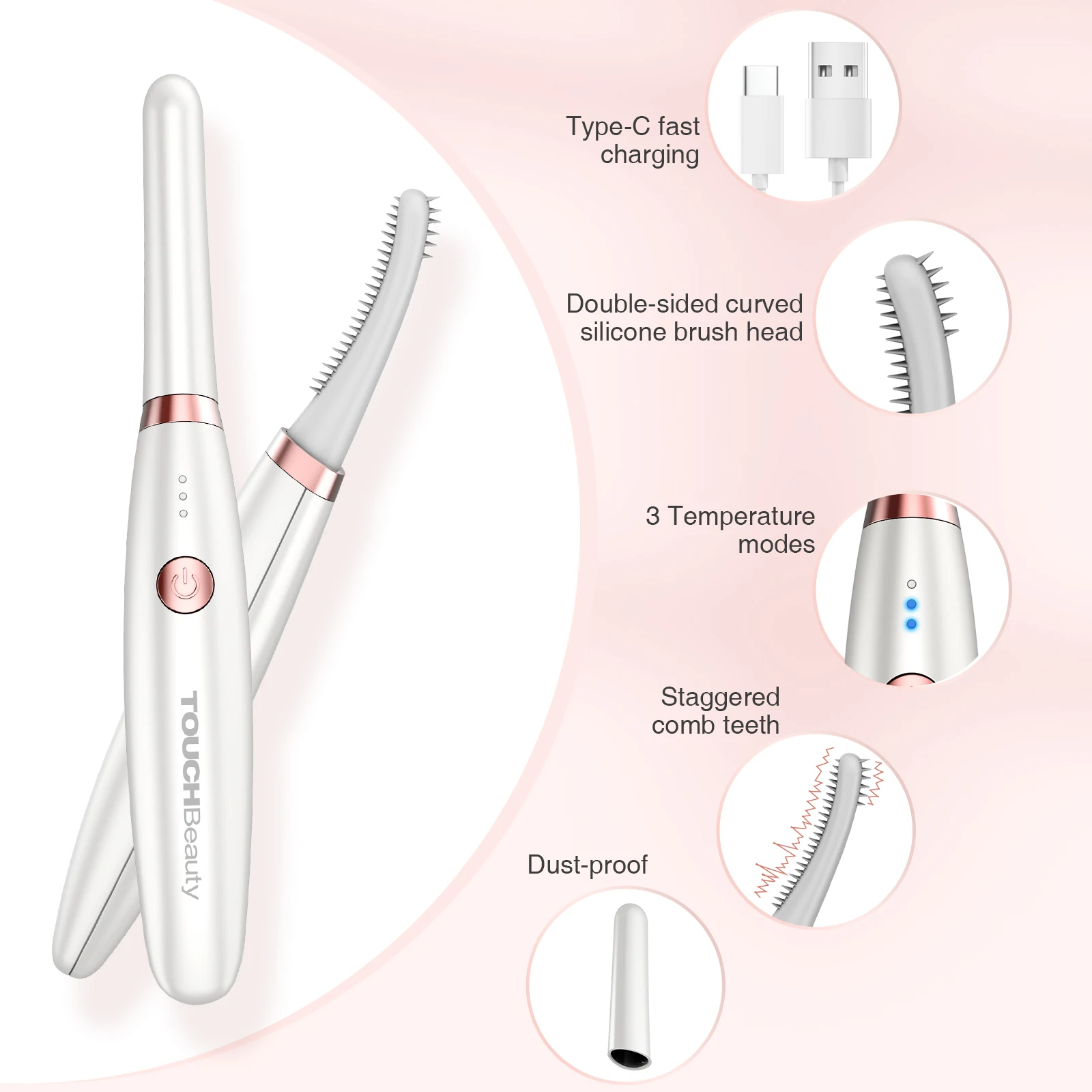 2022 TOUCHBeauty Rechargeable Fast Heat Silicone Naturally Private Label Usb Electric Heated Eyelash Curler Home Beauty Device