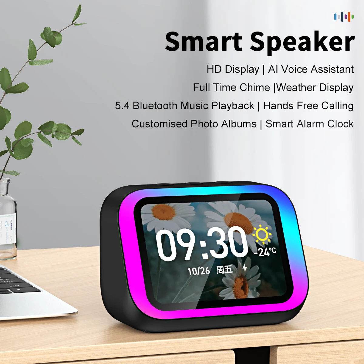 TF26 Pro Speaker pintar AI asisten suara, Wallpaper kustom LCD layar besar  Desktop Alarm jam BT panggilan Speaker terjemahan
