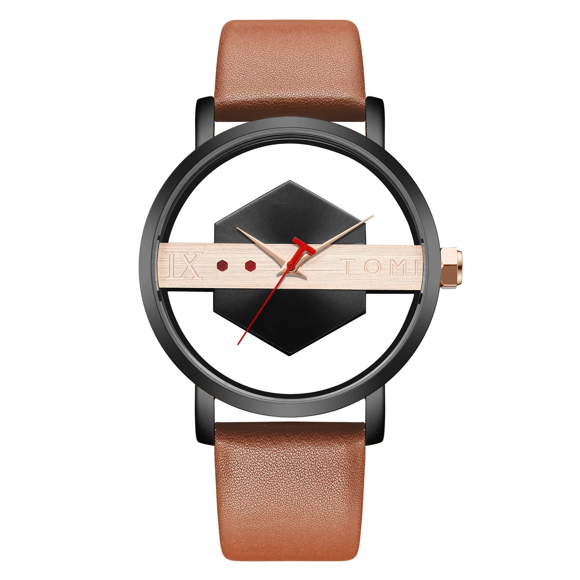 TOMI Men's Top Brand Luxury Watch Creative Half Transparent Watch for Men  Quartz Leather Casual Wristwatch Reloj Hombre Relogio