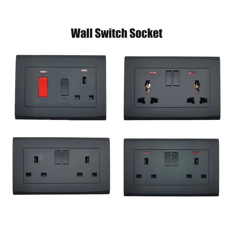 VNX New Design Multifunctional British Standard Custom Color Power 2 Gang Universal Black Wall Switch Socket Outlet With Neon