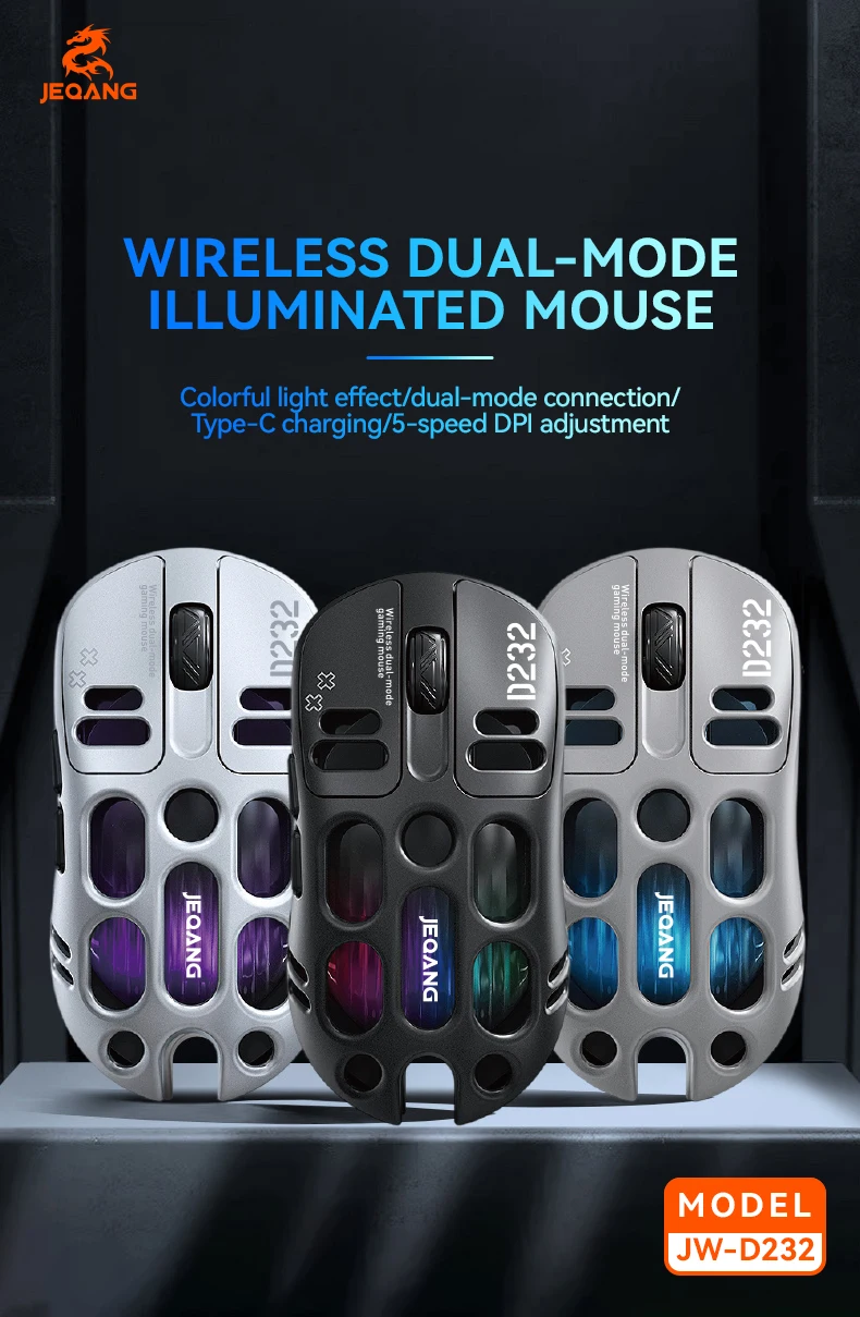 Jeqang JW-D232 RGB 2.4G BT Dual-Mode 6D Ergonomic Gaming Mouse Magnesium Alloy Hollow Design Optical Tracking Backlit