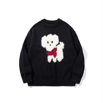 2024 Spring New Arrival Ladies Silk Crew Neck Long Sleeve Sweater Oversize Cartoon Dog Knit Jumper Women's Cardigan Pullover